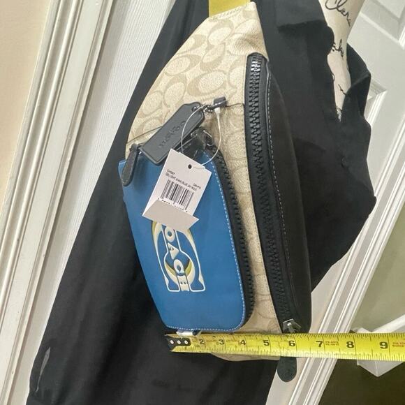 COACH BUMB BAG LEATHER TAN LOGO ALL OVER TURQUOISE POCKET ICONIC VERSATILE - Picture 9 of 12